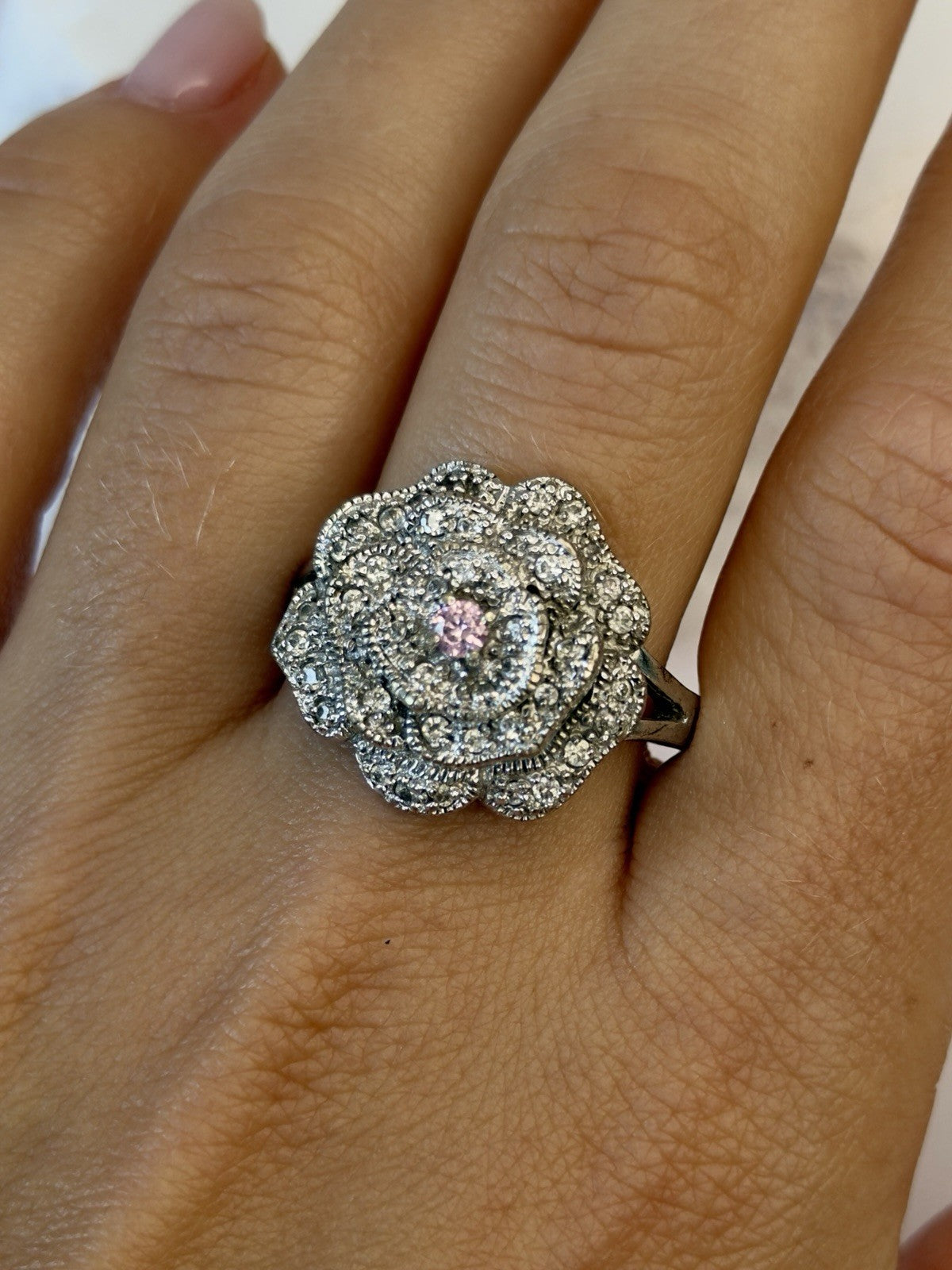 Sparkling Floral 925 Sterling Silver Pink & Clear Sapphire Stones Ring Size 11