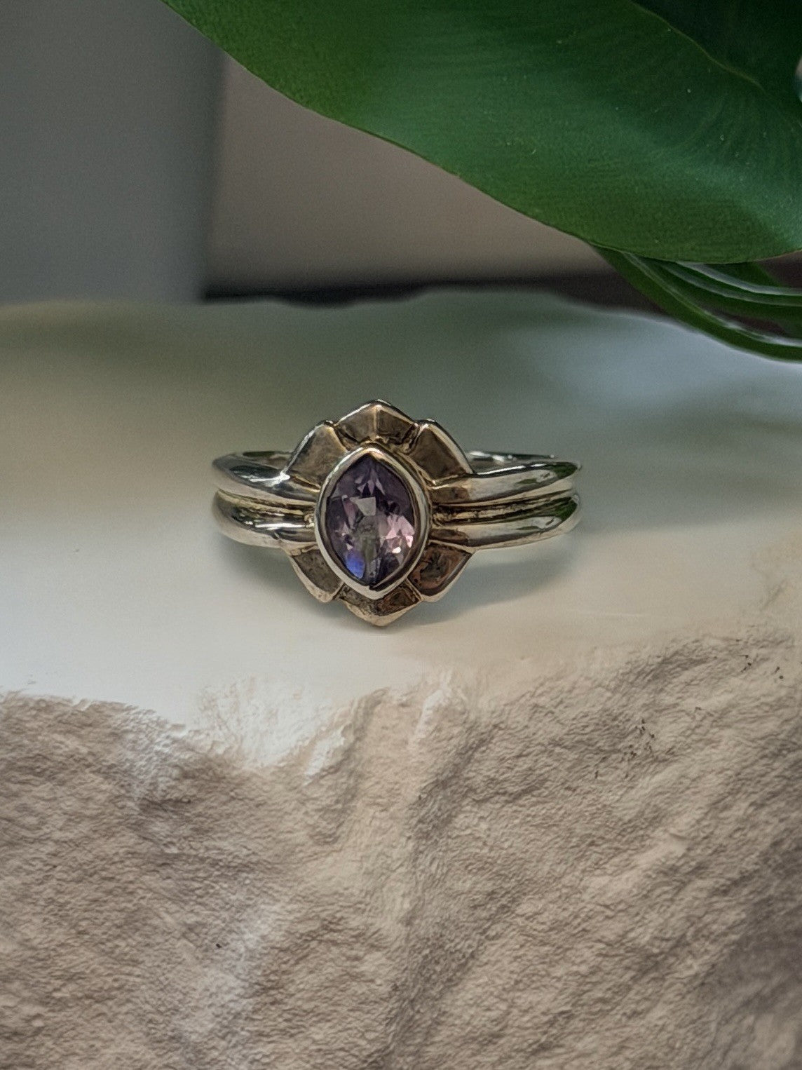 925 Sterling Silver Marquise Cut Art Deco Purple Amethyst Ring Size 8