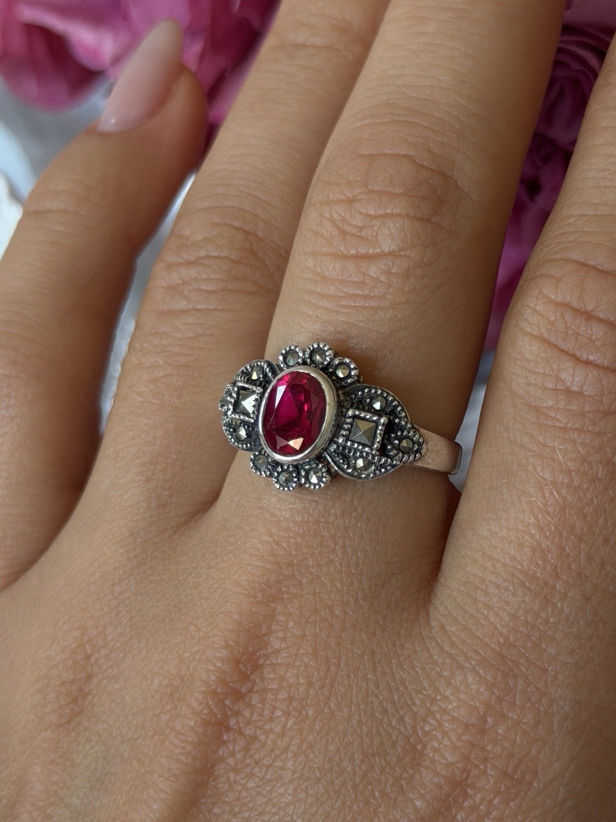 925 Sterling Silver Ruby & Marcasite Ring Size 8