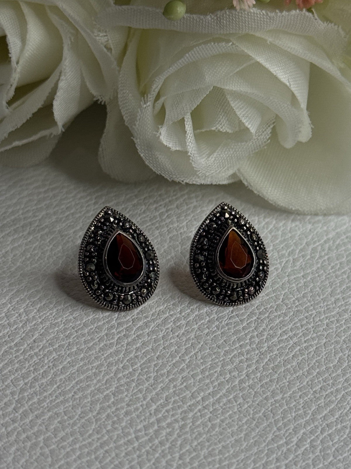 925 Sterling Silver Garnet & Marcasite Earrings Length 0.60 Inch