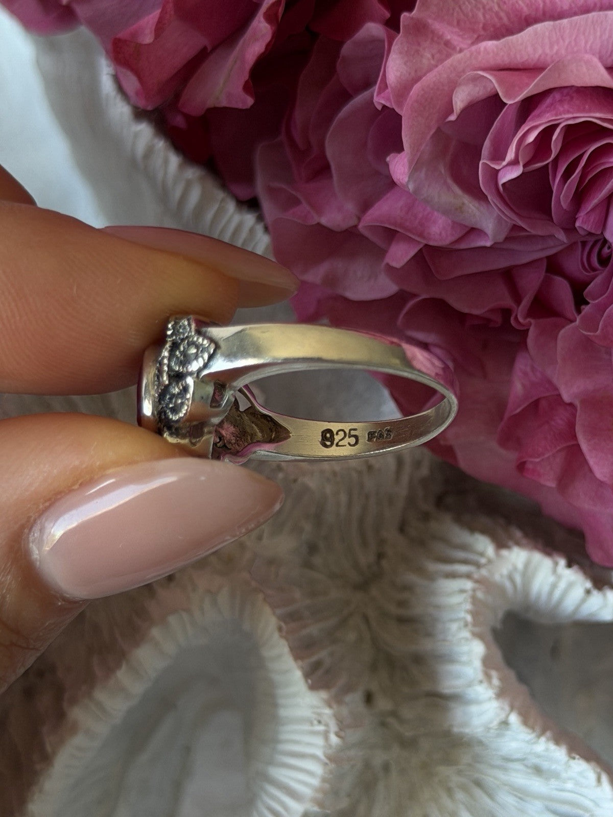 925 Sterling Silver Ruby & Marcasite Ring Size 8