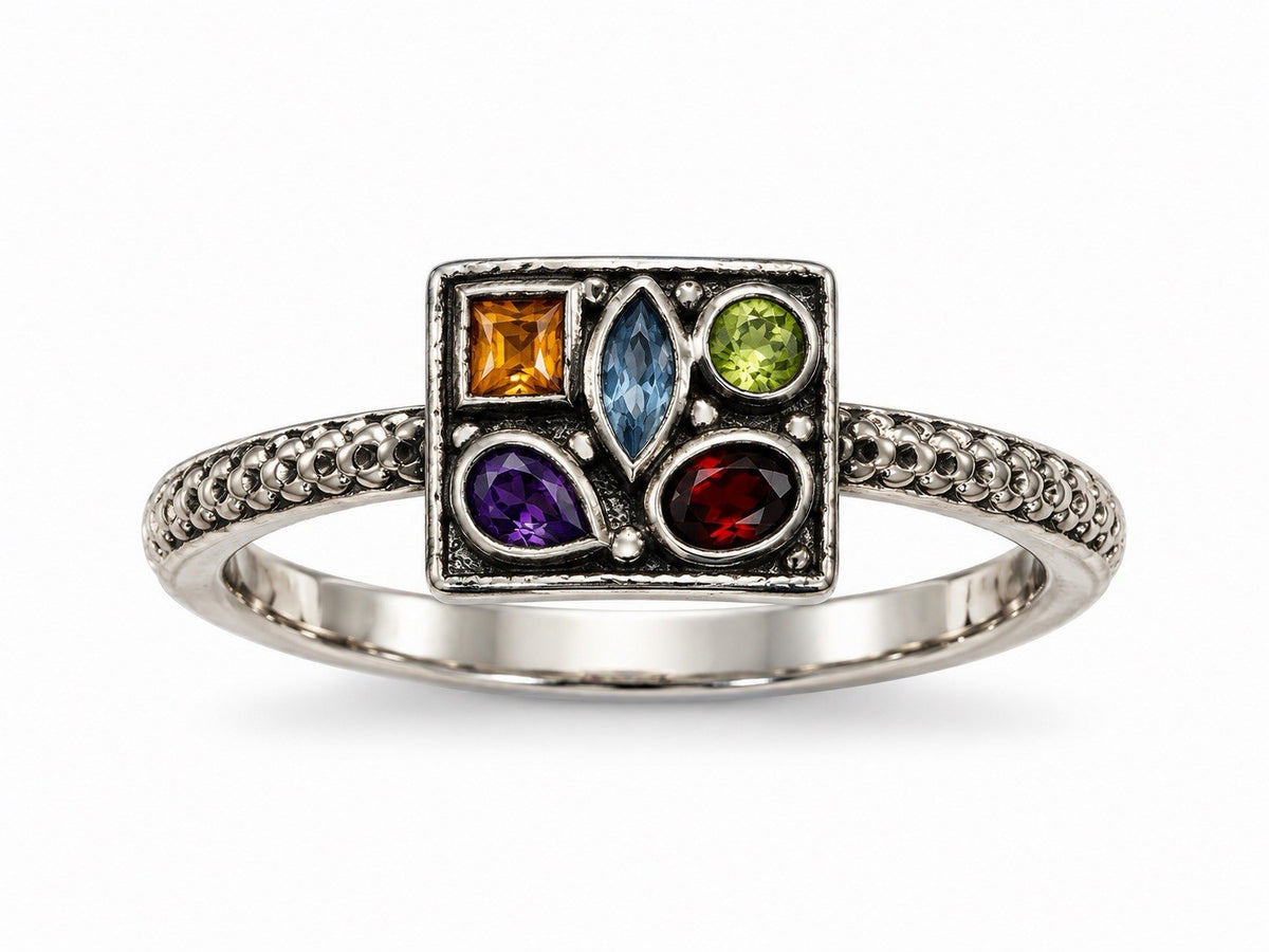 925 Sterling Silver Multi-Gemstone Cluster Ring Size 10