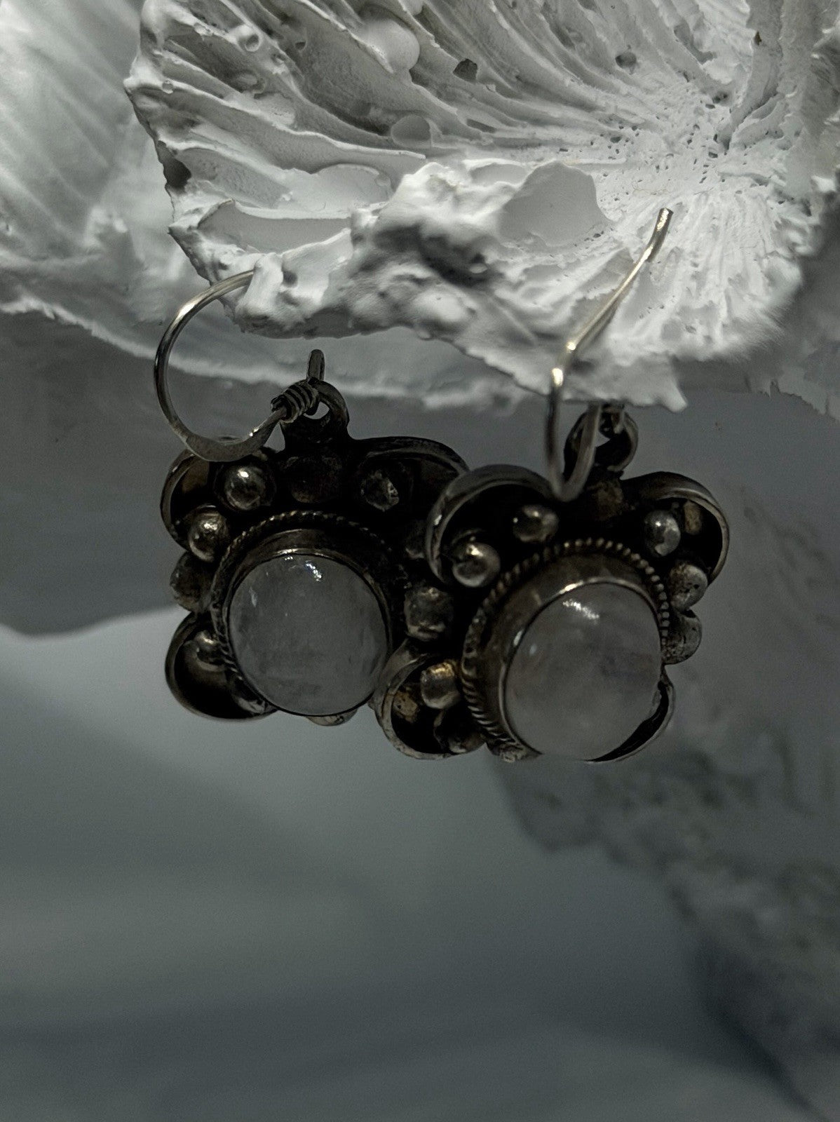 Vintage 925 Sterling Silver Rainbow Moonstone Floral Dangle Earrings