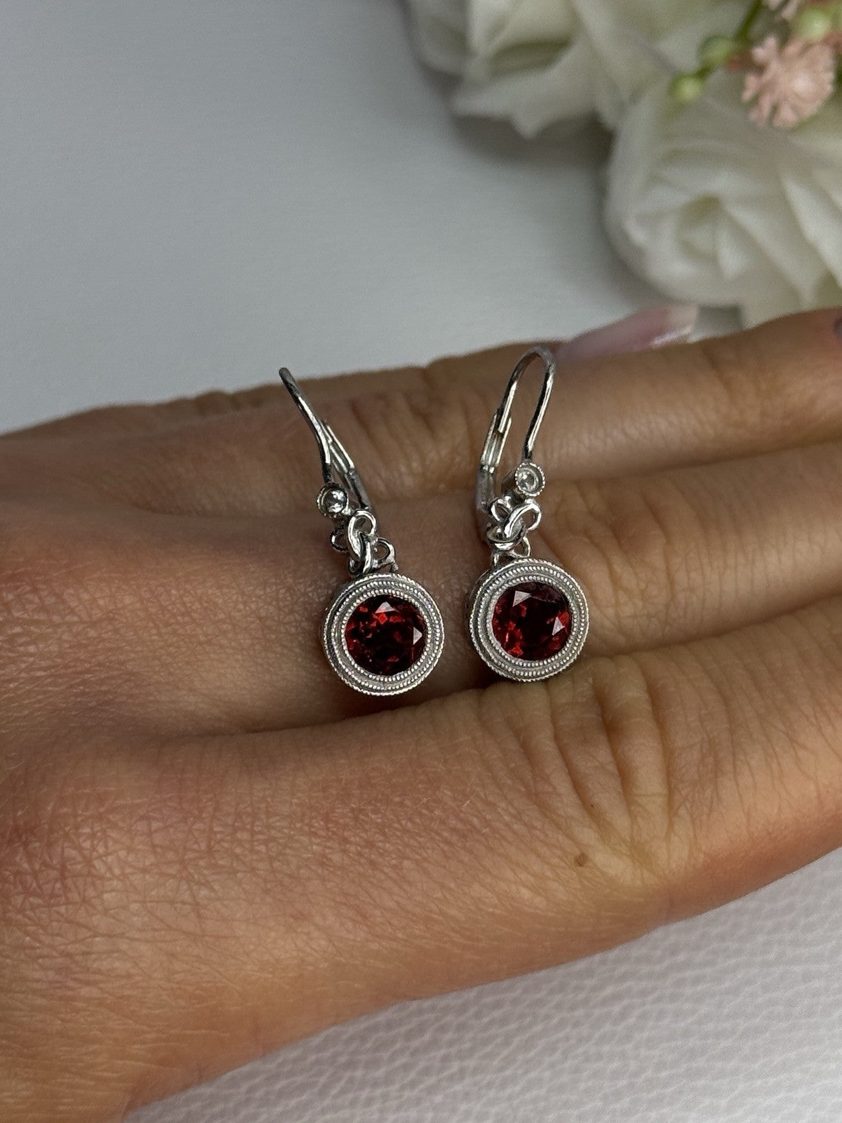 925 Sterling Silver Garnet Earrings Length 1.10 Inch