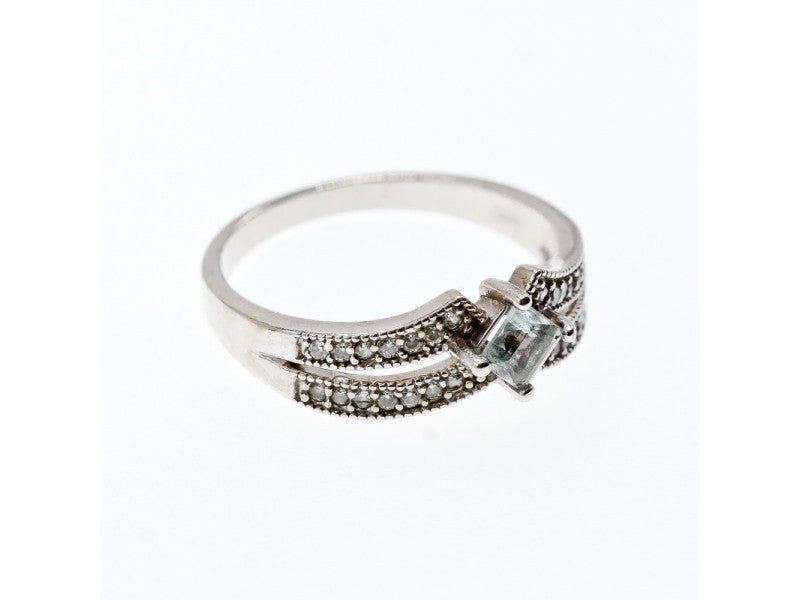 925 Sterling Silver Aquamarine & CZ Ring Size 11