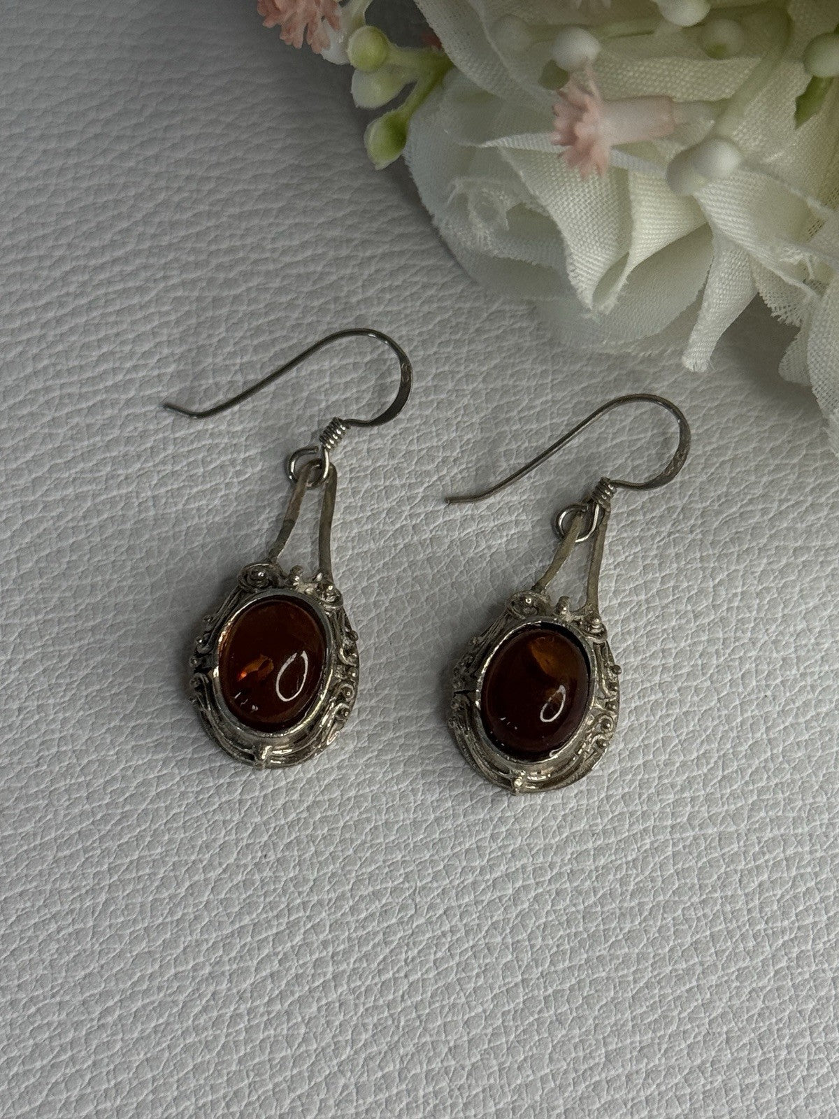 Vintage 925 Sterling Silver Amber Earrings Length 1.40 Inch