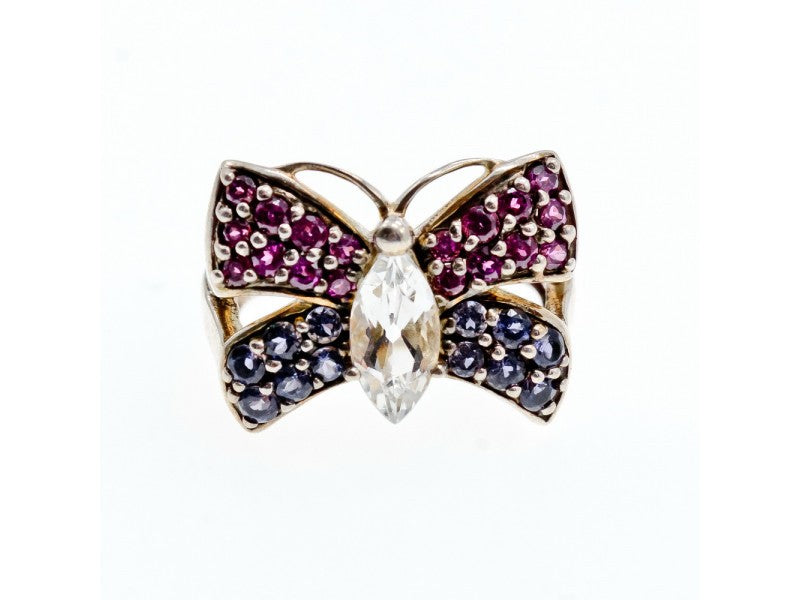 925 Sterling Silver White Topaz, Spinel & Tourmaline "Butterfly" Ring Size 8.5
