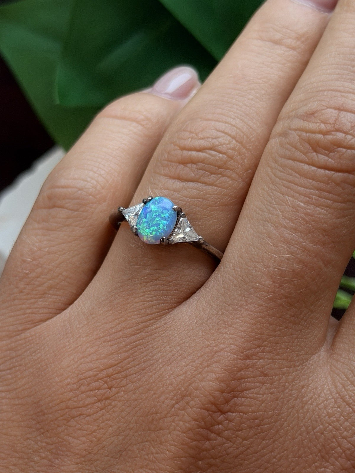 925 Sterling Silver Oval Blue Opal & White Beryl Tree-Stone Ring Size 8