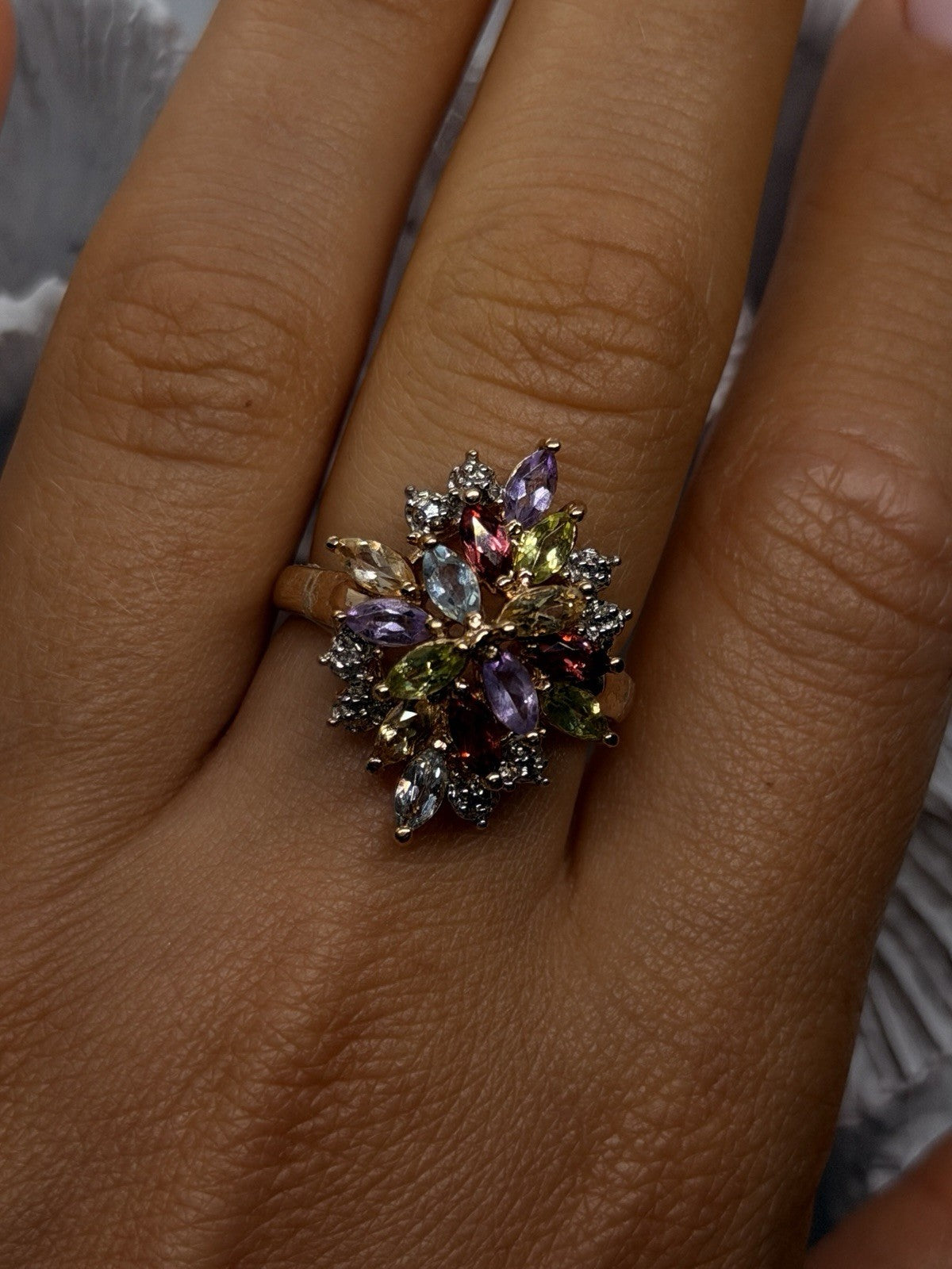 925 Sterling Silver Gold Plated Multi-Gemstone Floral Cluster Ring Size 8