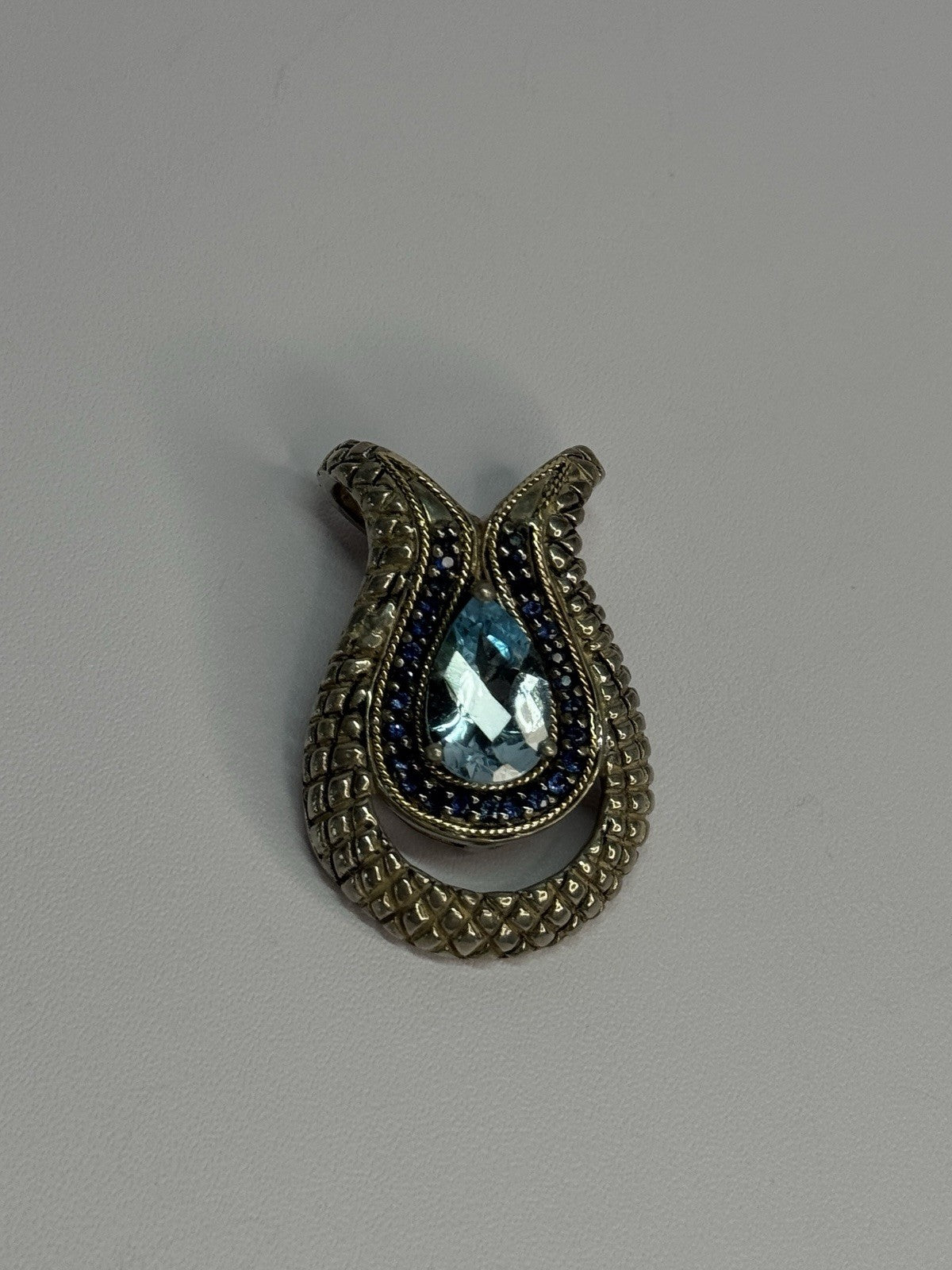925 Sterling Silver 18k Yellow Gold Topaz & Sapphire Pendant Length 1.3 Inch