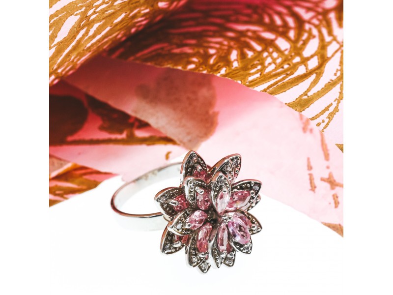 925 Sterling Silver Pink & White CZ "Flower" Ring Size 6.5