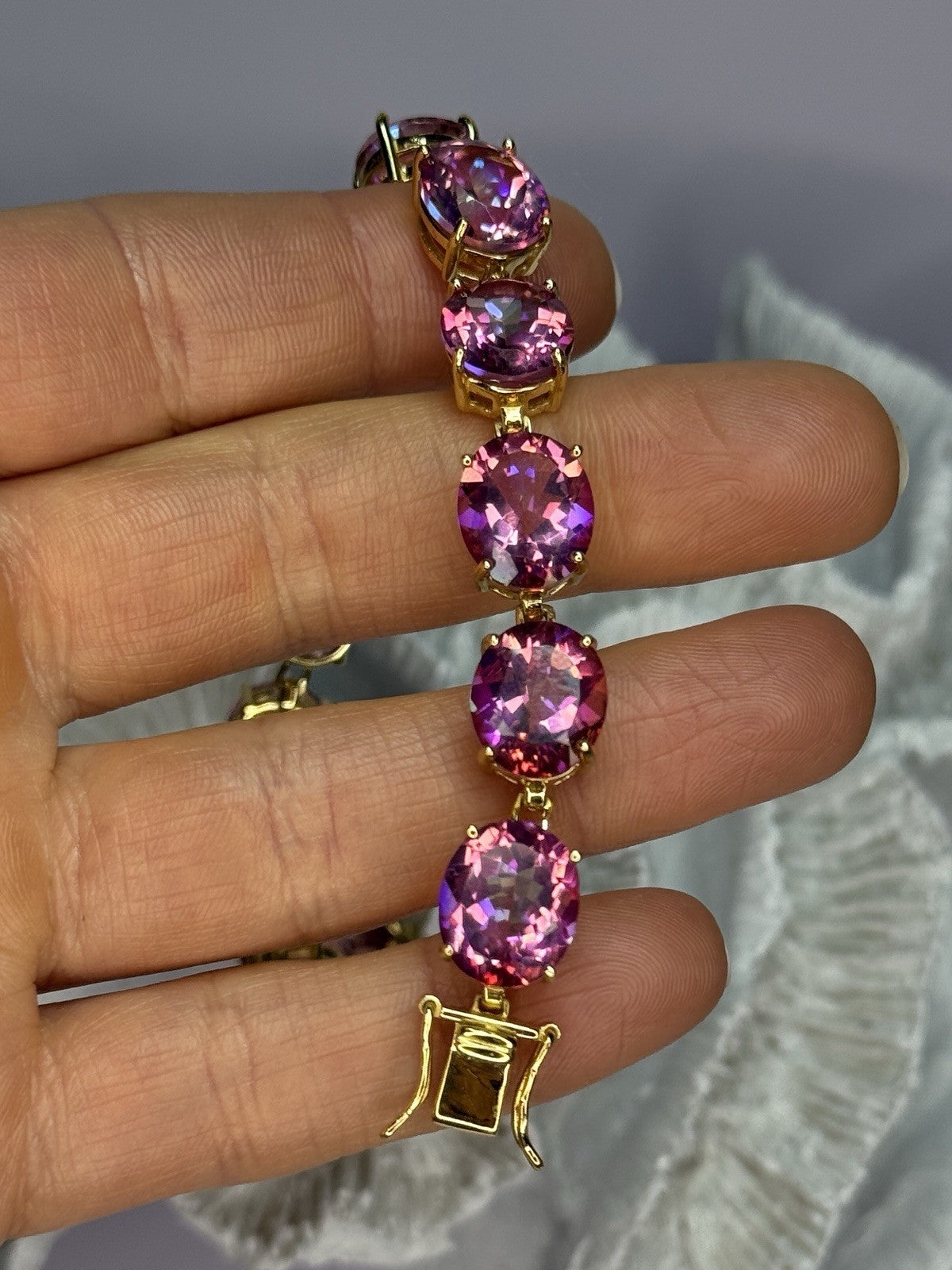 925 Sterling Silver Gold Plated Pink Mystic Topaz Bracelet Length 8.5 Inch
