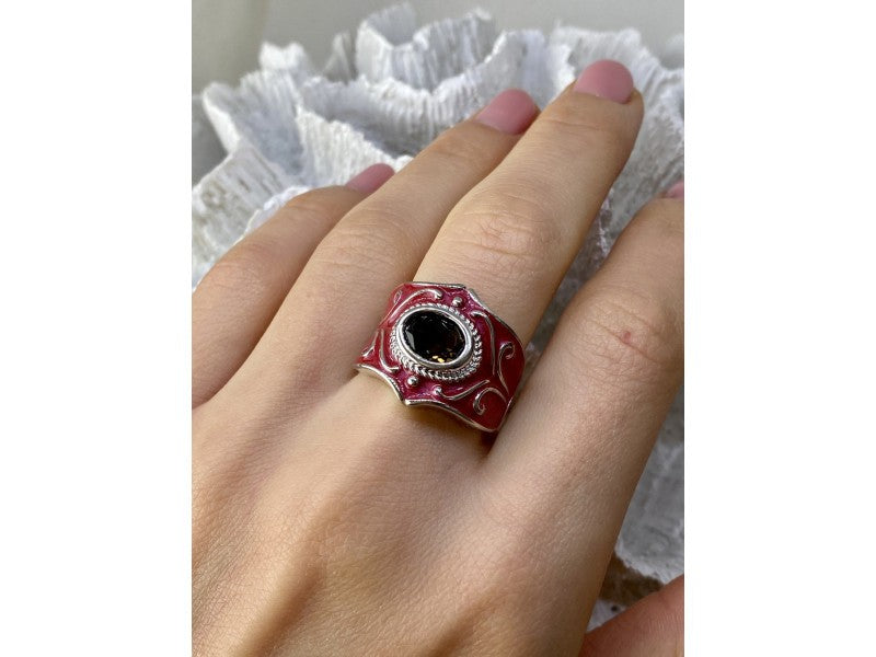 925 Sterling Silver Hessonite & Red Enamel Ring Size 9.5