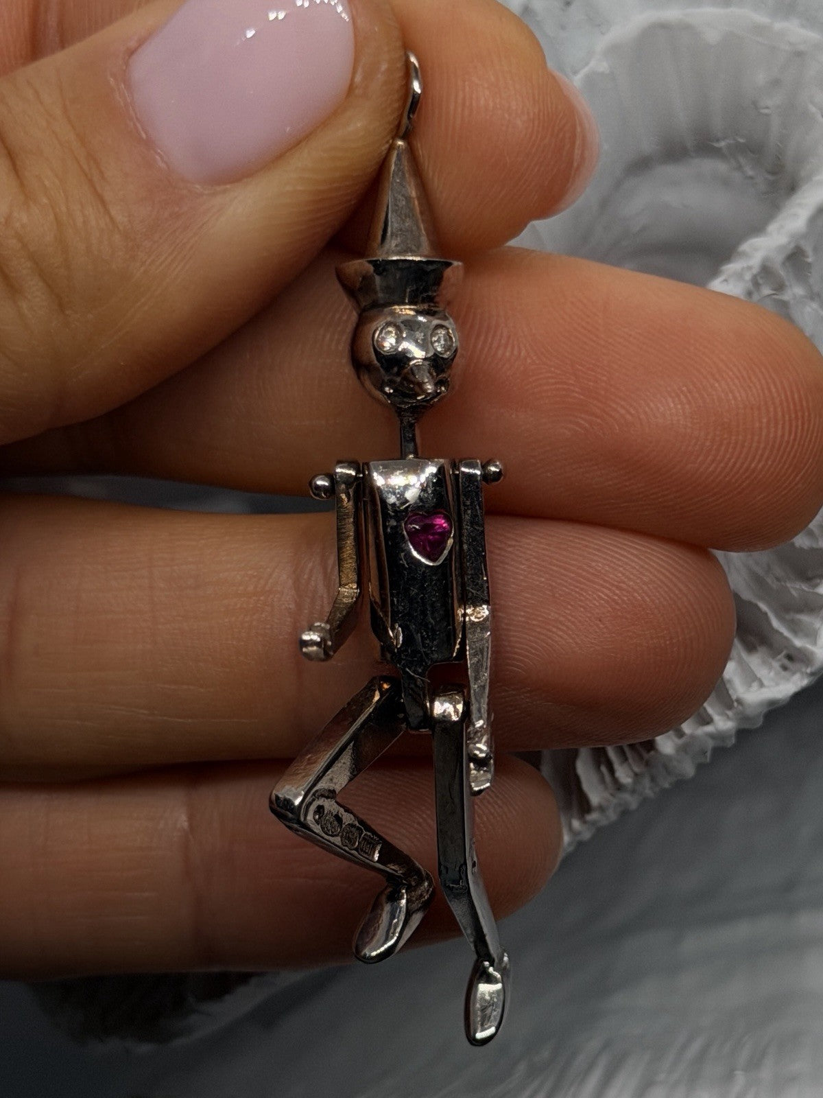 925 Sterling Silver Pinocchio Ruby Heart & Clear Topaz Eyes Pendant