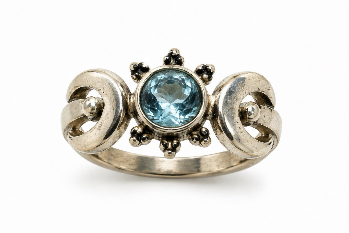 925 Sterling Silver Ring Round Blue Topaz & Sapphire Ornate Swirl Design Size 8