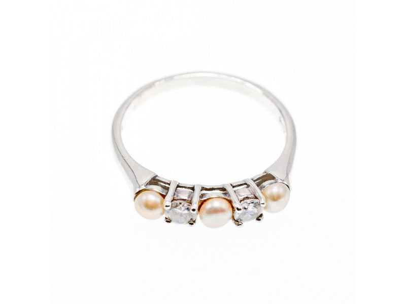 925 Sterling Silver Pearls & CZ Ring Size 10.5