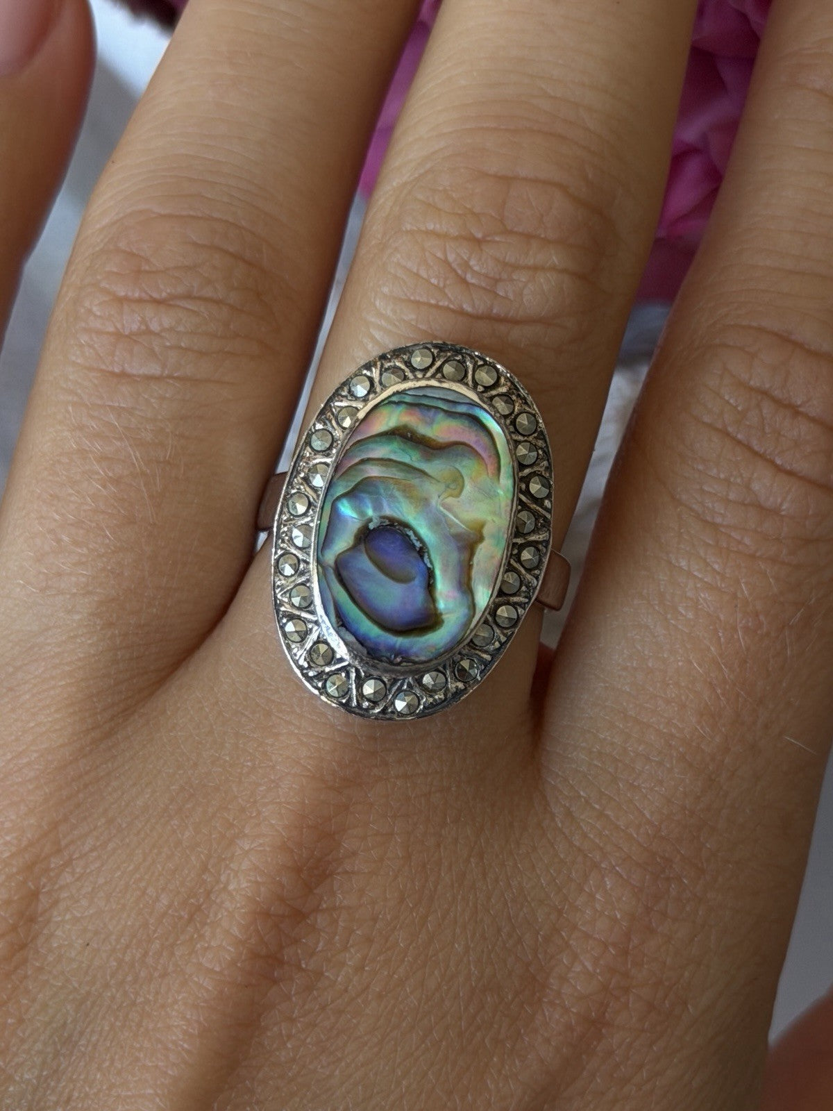 Vintage 925 Sterling Silver Abalone & Marcasite Ring Size 9