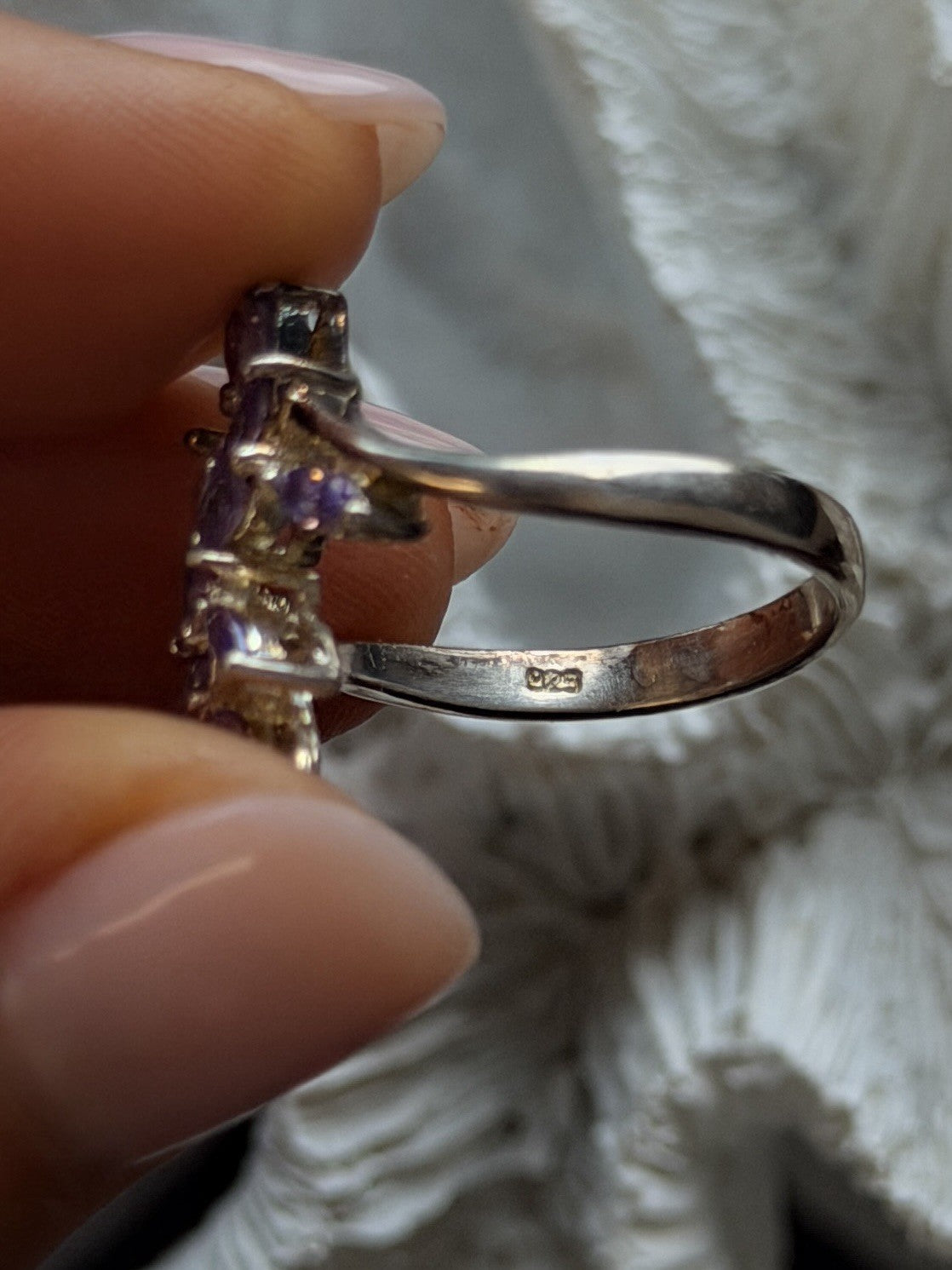 925 Sterling Silver Purple Amethyst Flower Ring Adjustable