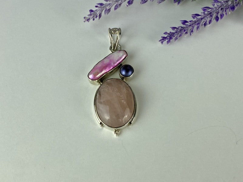 925 Sterling Silver Morganite, Haliotis & Pearl Pendant