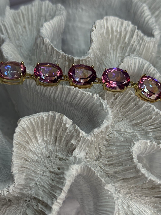 925 Sterling Silver Gold Plated Pink Mystic Topaz Bracelet Length 8.5 Inch