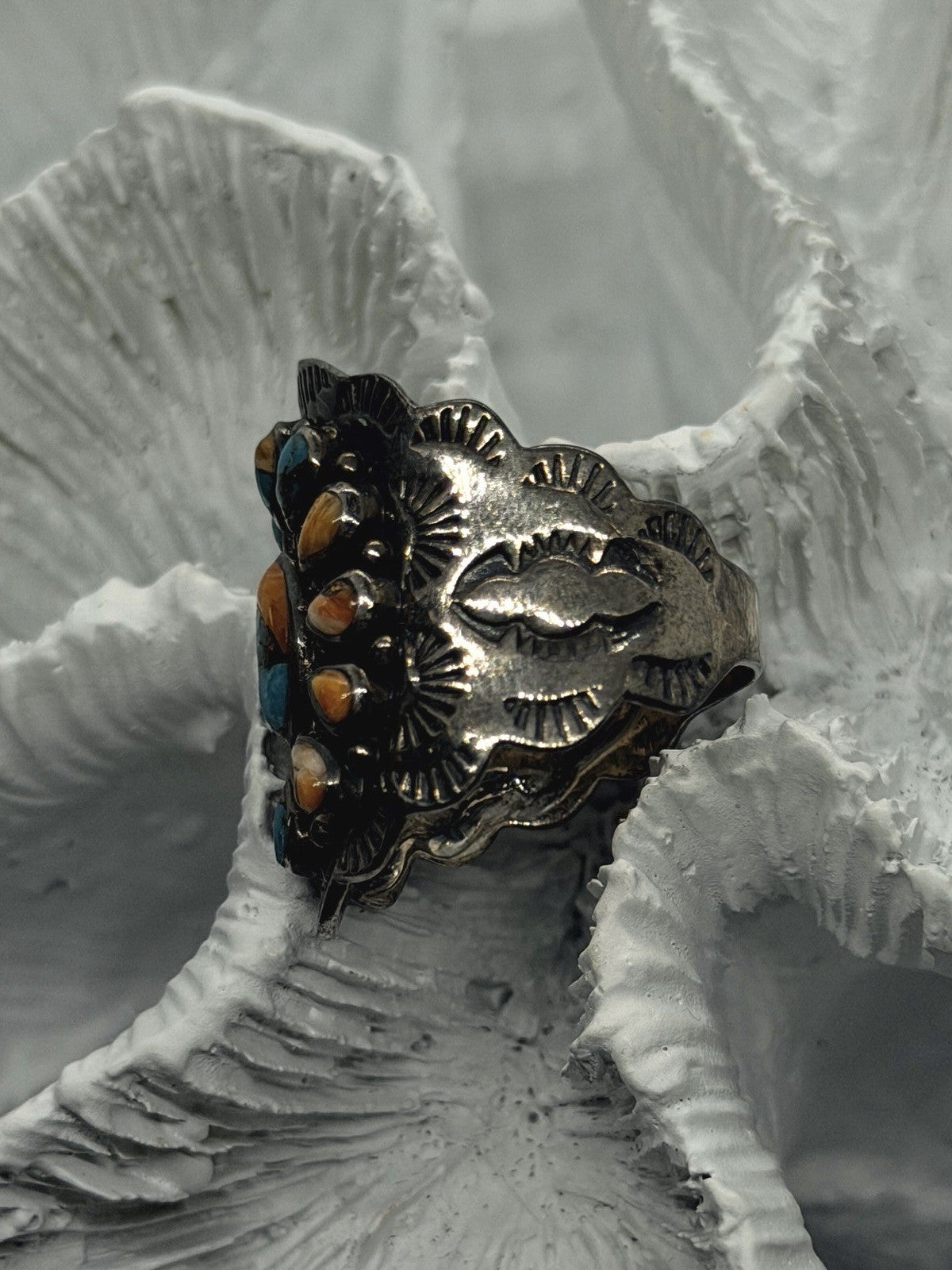 Southwestern Floral 925 Sterling Silver Turquoise Spiny Oyster Ring Size 8