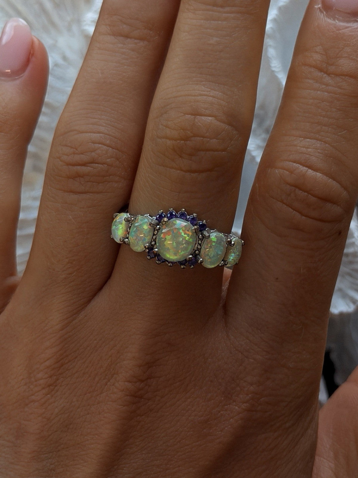 925 Sterling Silver Opal & Amethyst Ring Size 8