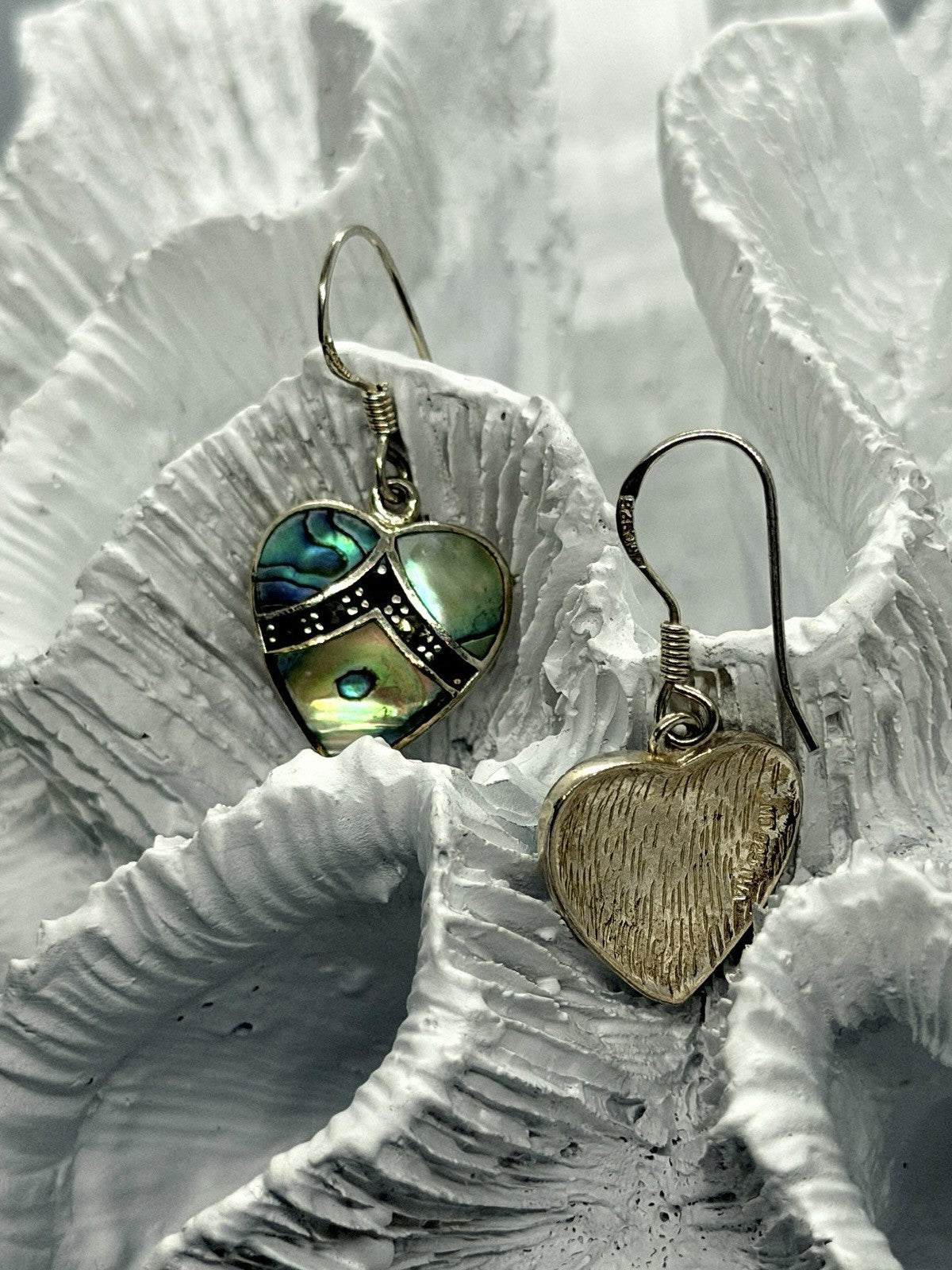 Vintage 925 Sterling Silver Abalone Shell heart Dangle Earrings