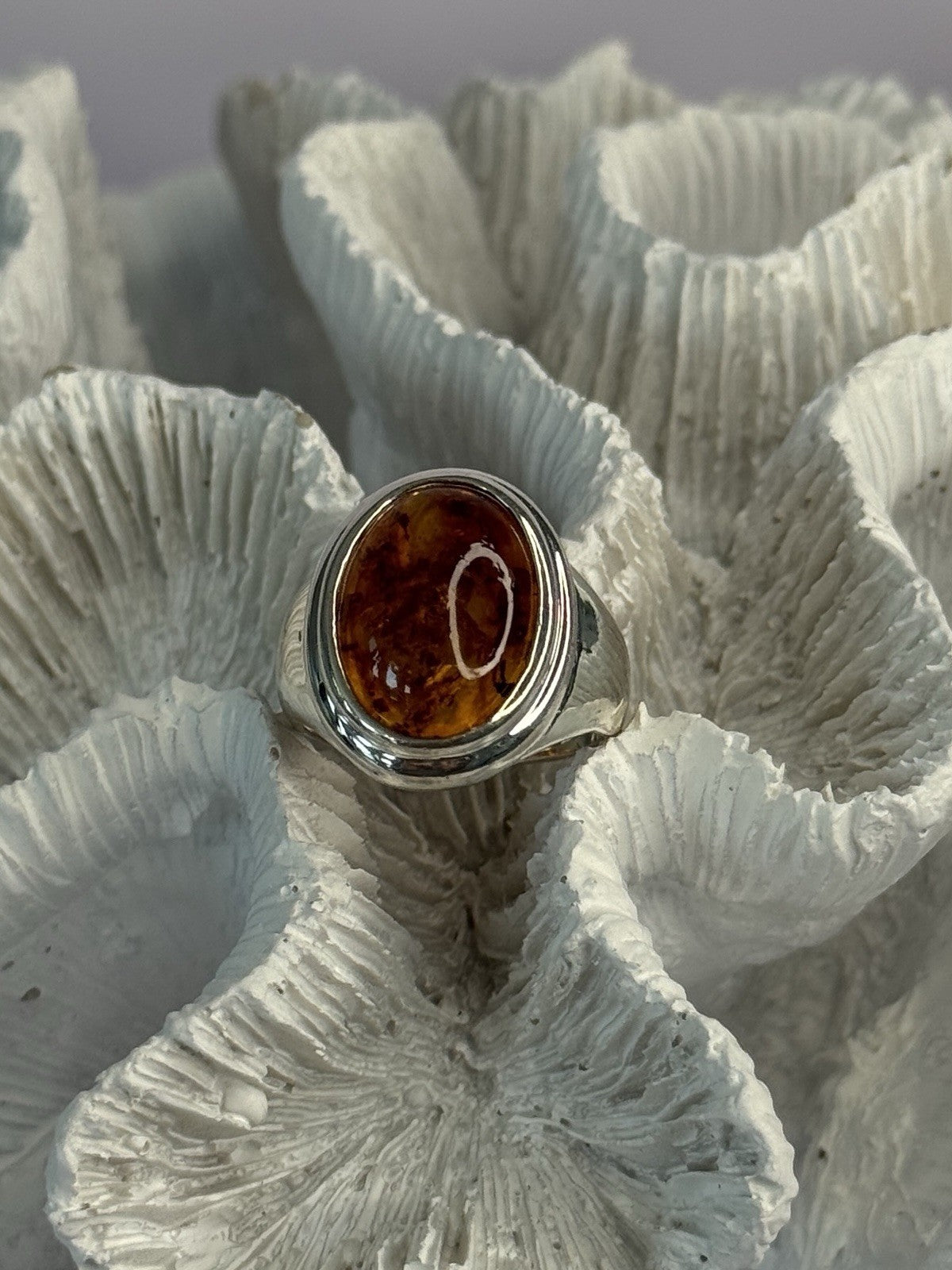 925 Sterling Silver Amber Ring Size 7