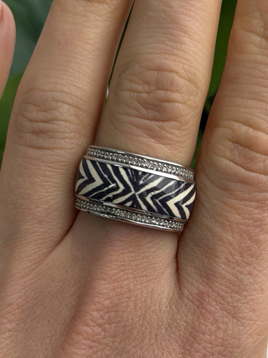 JWBR 925 Sterling Silver Enamel Zebra Stripe Diamonds Ring Size 8