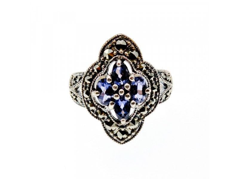 Vintage 925 Sterling Silver Amethyst & Marcasites Ring Size 5.5