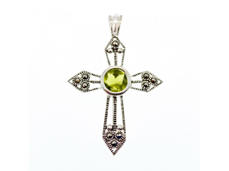 925 Sterling Silver Peridot & Marcasite Cross Pendant