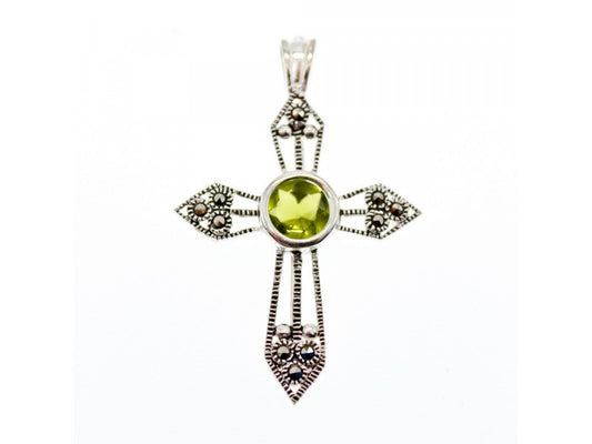 925 Sterling Silver Peridot & Marcasite Cross Pendant