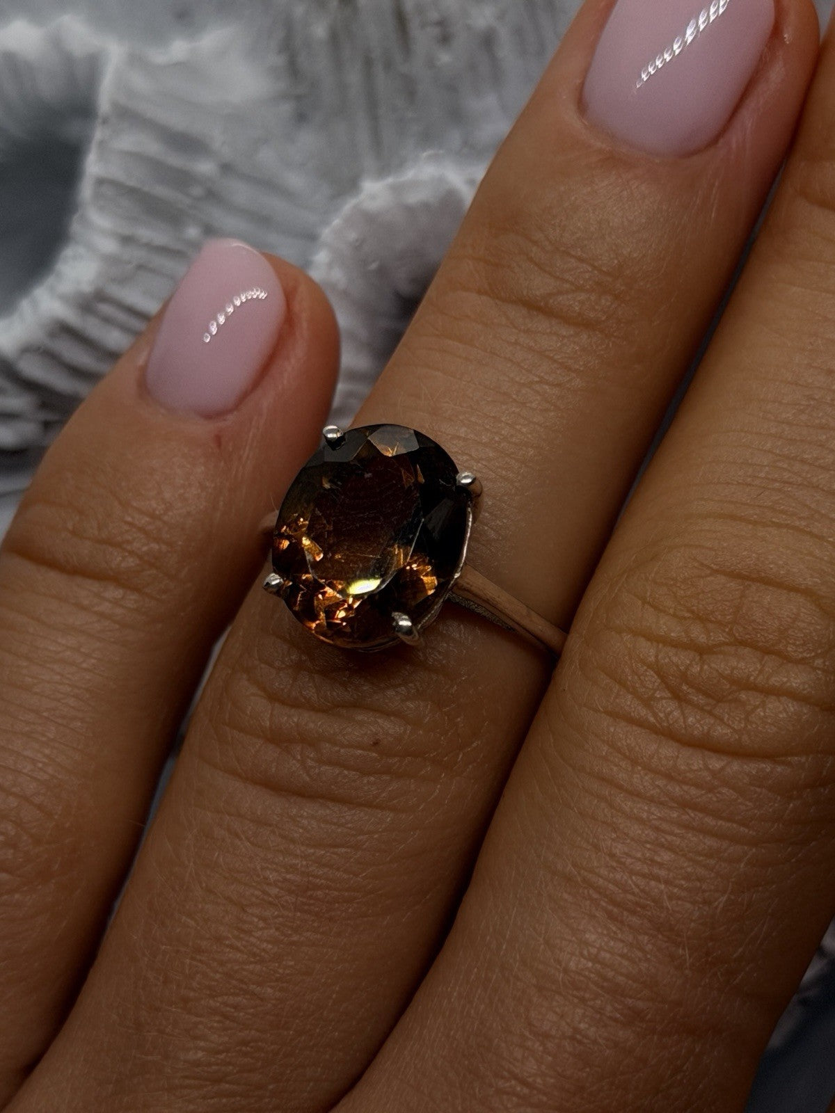 925 Sterling Silver Golden Cognac Brown Smoky Quartz Ring Size 6