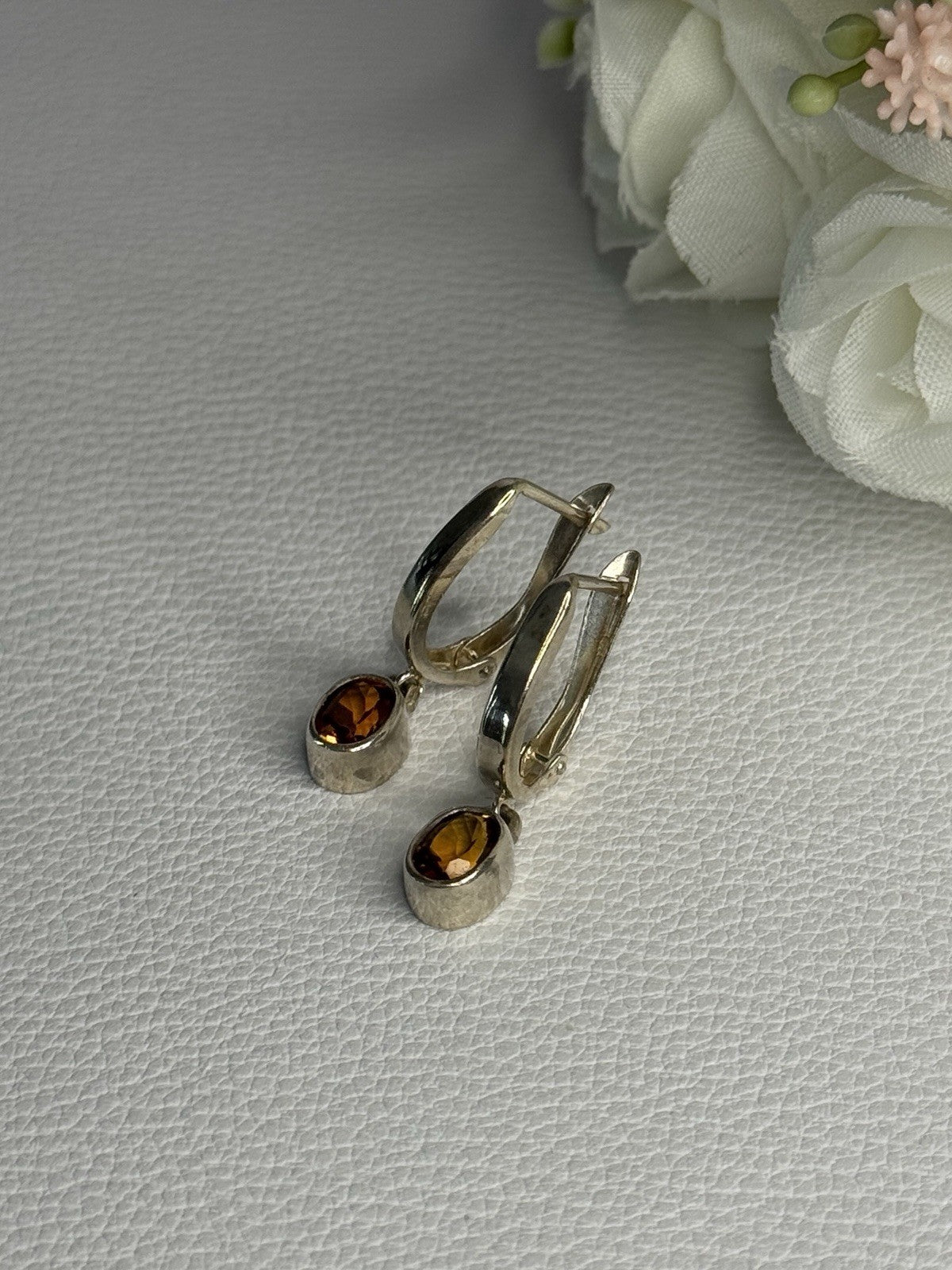 925 Sterling Silver Hessonite Earrings Length 1 Inch