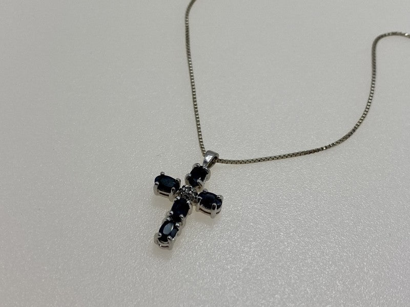 925 Sterling Silver Blue Spinel & Diamond Chain with Cross Italy