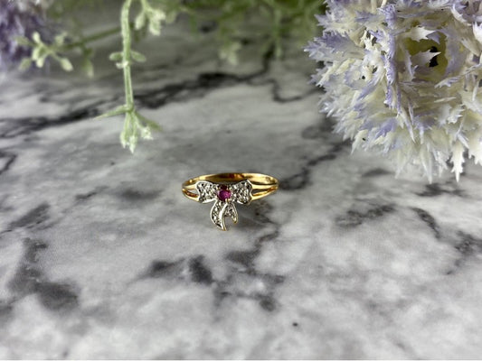 10K Yellow Gold Spinel & Diamonds "Bow" Ring Size 5.5