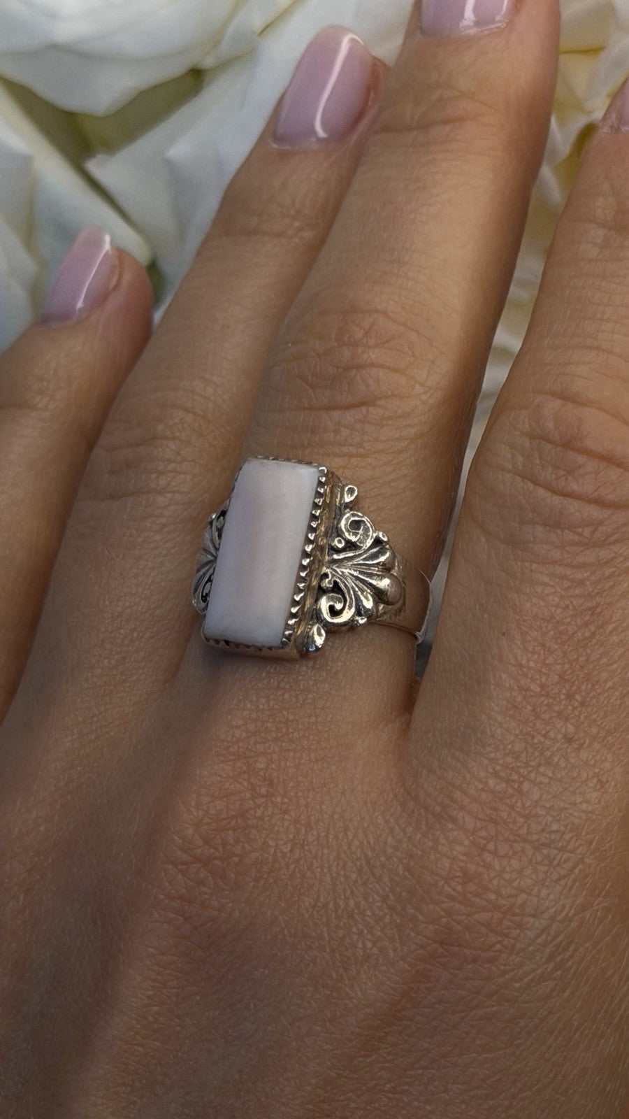 Ornate Art Deco Style 925 Sterling Silver Pink Abalone Ring Size 8.5