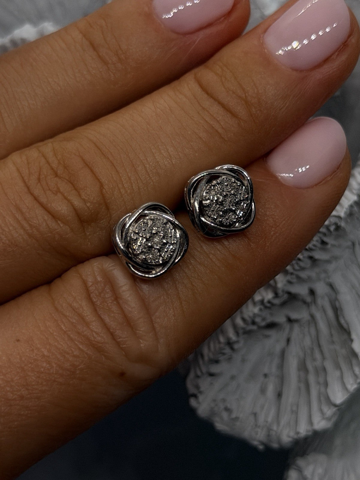 925 Sterling Silver Diamond Cluster Stud Earrings Floral Design