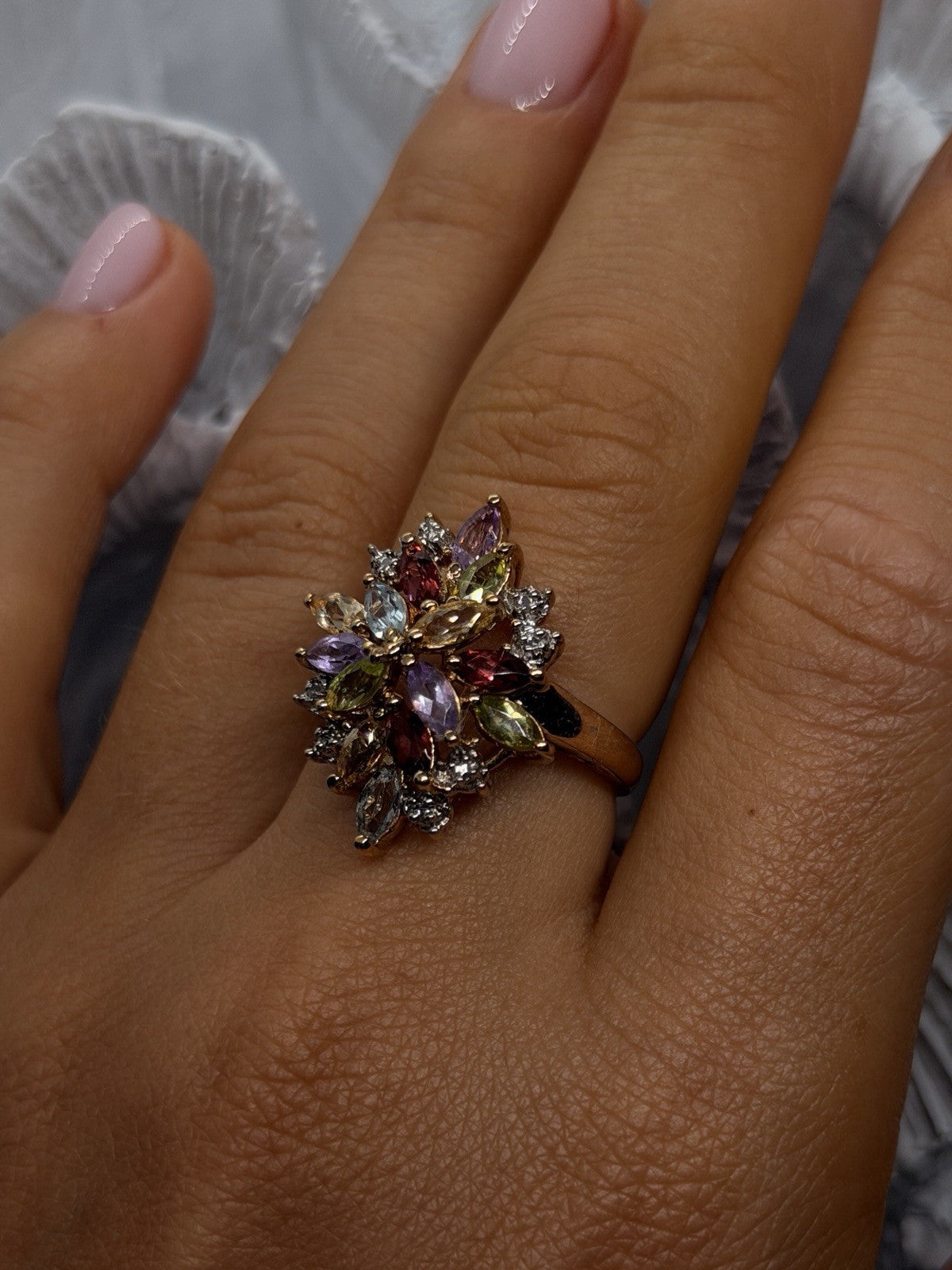 925 Sterling Silver Gold Plated Multi-Gemstone Floral Cluster Ring Size 8
