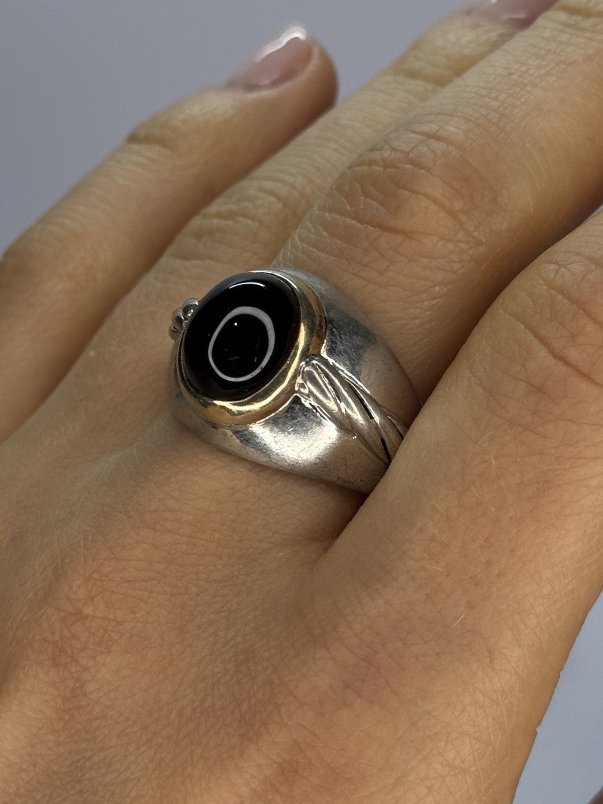 925 Sterling Silver & 14K Gold Bezel  Agate Ring Size 9.5