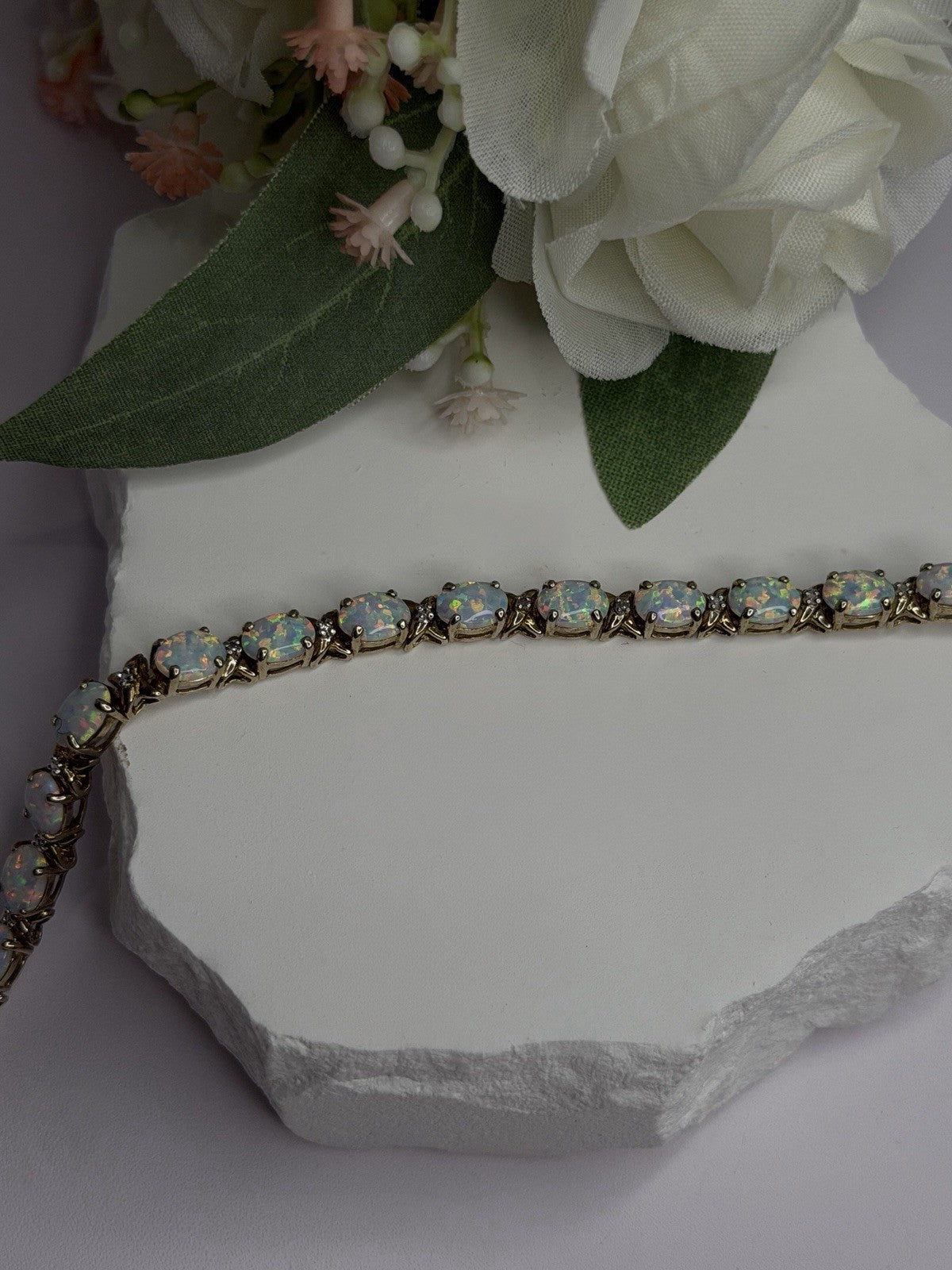 925 Sterling Silver Gold Plated Shiny Opal Bracelet Size 7