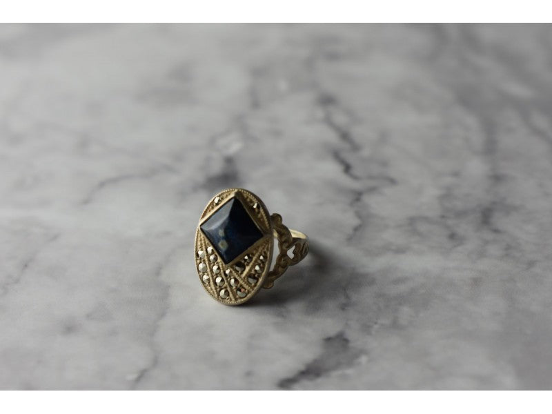 925 Sterling Silver Sodalite & Marcasites Ring Size 6