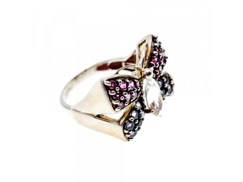 925 Sterling Silver White Topaz, Spinel & Tourmaline "Butterfly" Ring Size 8.5