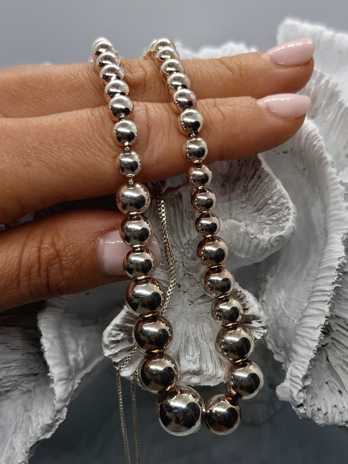 Elegant 925 Sterling Silver Graduated Bead Necklace Adjustable