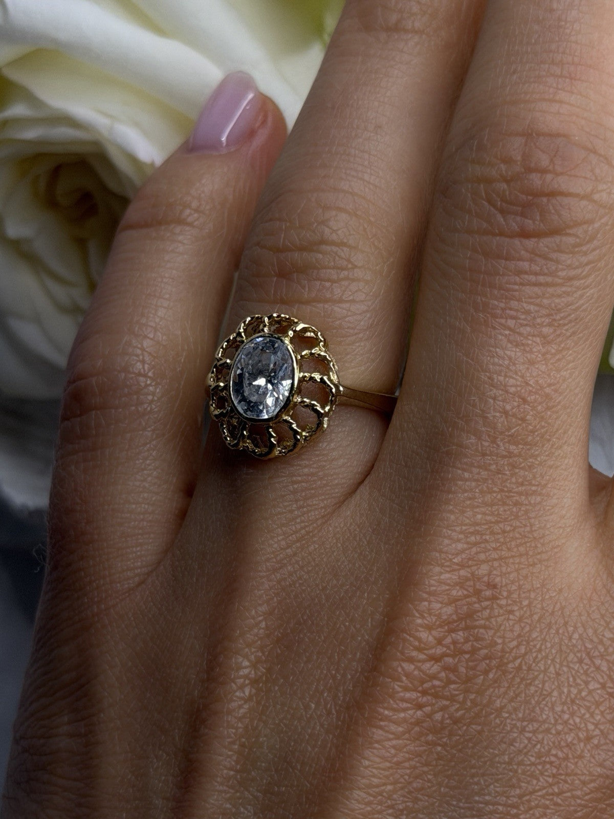 Floral Halo 925 Sterling Silver Gold Plated Clear Cz Ring Size 6.5