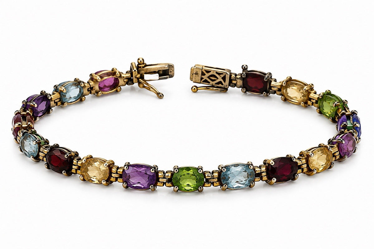925 Sterling Silver Garnet Citrine Peridot Topaz Amethyst Bracelet Size 7.5