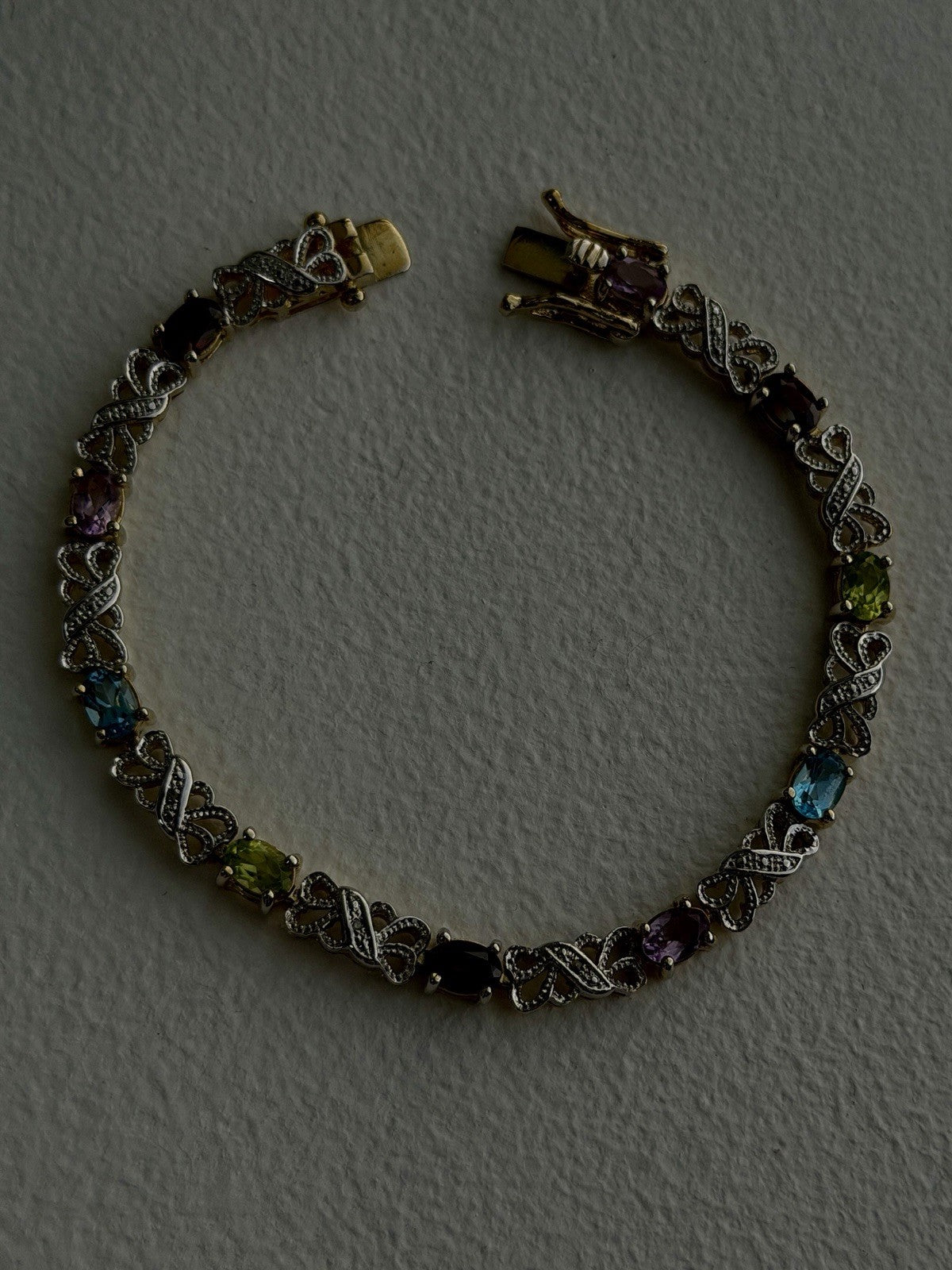 925 Sterling Silver Gold Plated Garnet Amethyst Peridot Topaz Bracelet 7.5