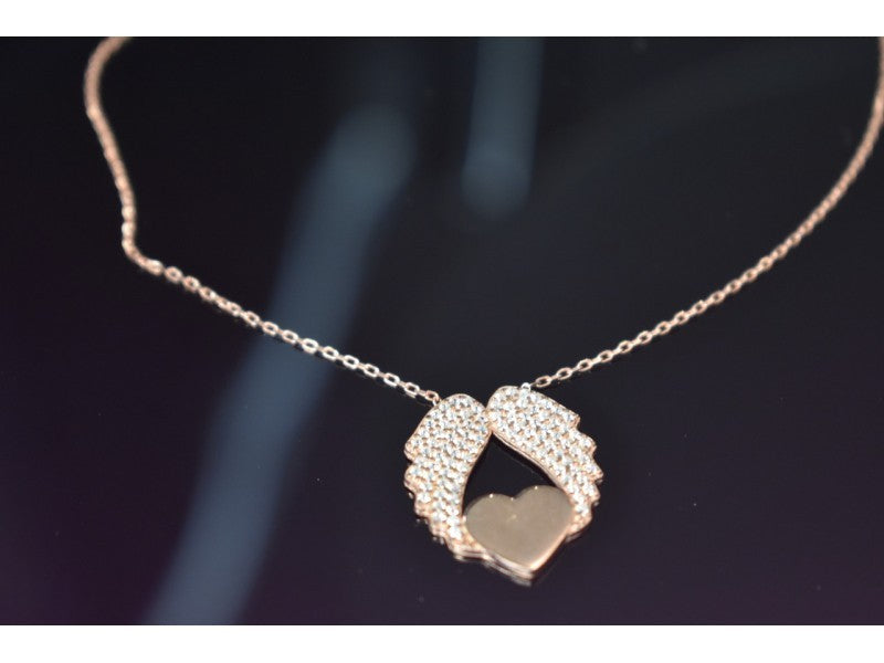 925 Sterling Silver Gold Plated CZ "Angel's Wings with Heart" Necklace