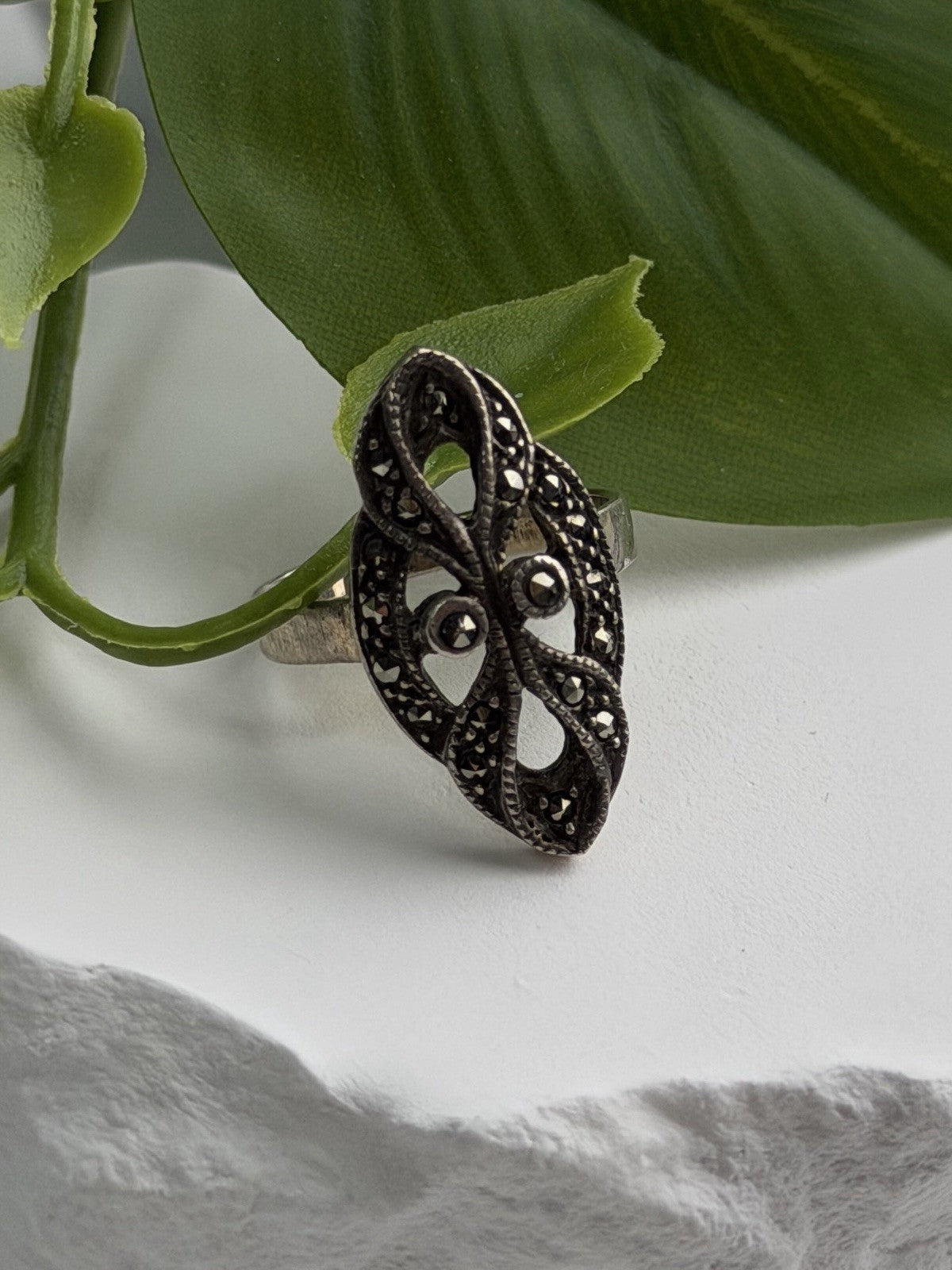 Vintage Filigree 925 Sterling Silver Marcasite Ring Size 6