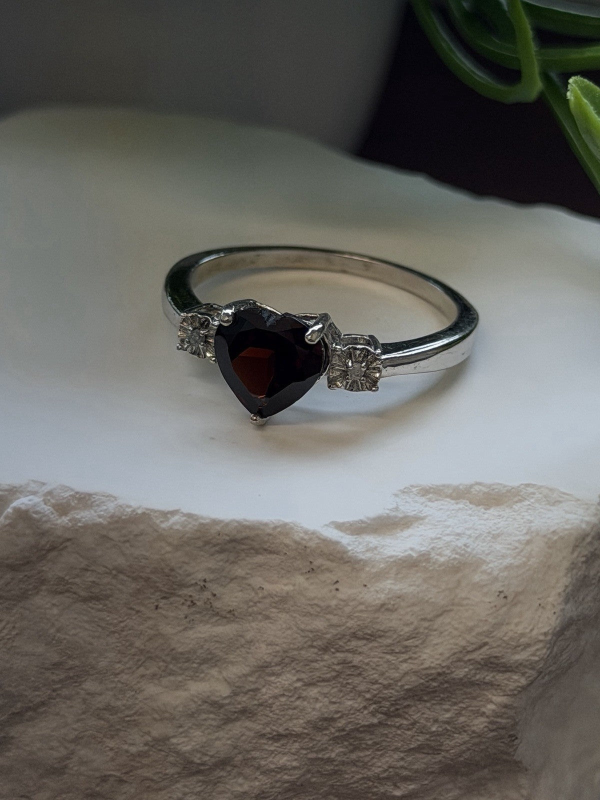 925 Sterling Silver Heart Cut Garnet with White Beryl Stones Ring Size 10